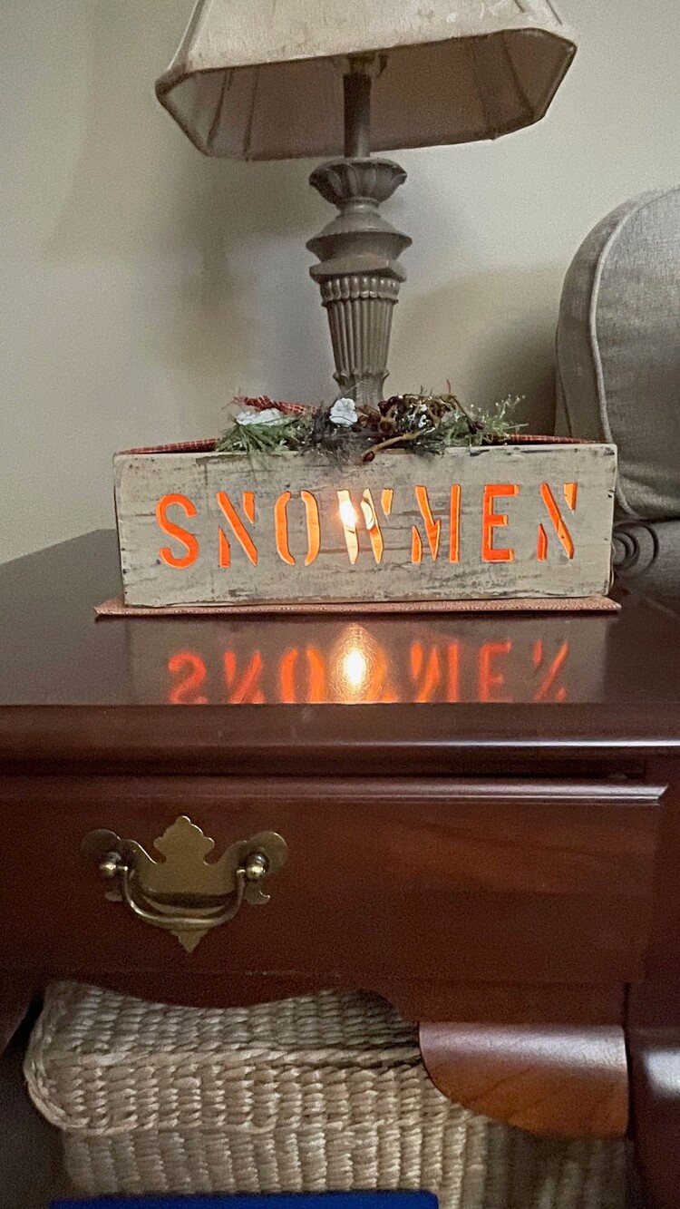 Wooden Snowmen Lighted Box White Distressed Holiday Decor